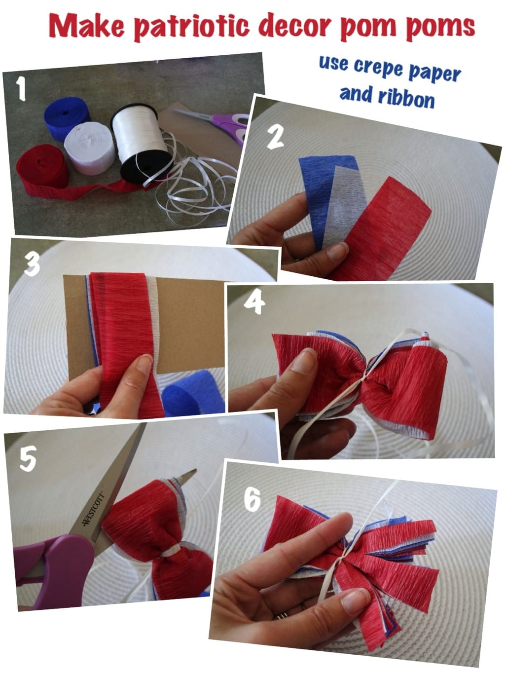 Patriotic crepe paper pom pom tutorial