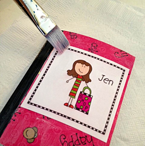Apply paper and add more Mod Podge Apply paper and add more Mod Podge