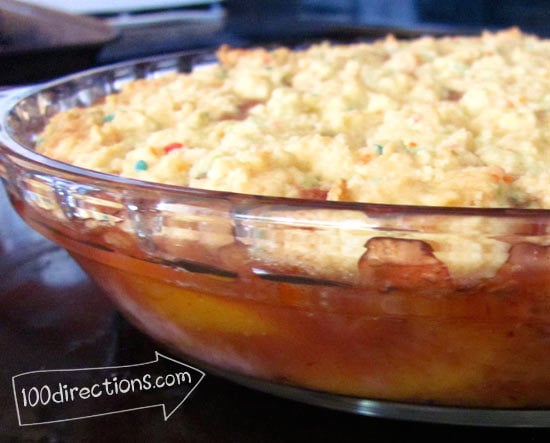 Bake peach cobbler in a pie dish