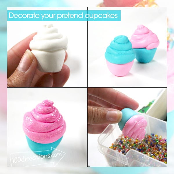 Decorate your mini clay cupcakes with glitter sprinkles