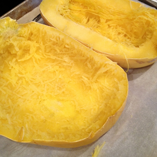 Baked spaghetti squash cut in half