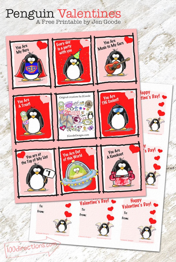 Free Penguin Valentines you can print yourself designed by Jen Goode