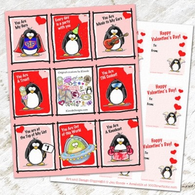 Free printable penguin valentines designed by Jen Goode