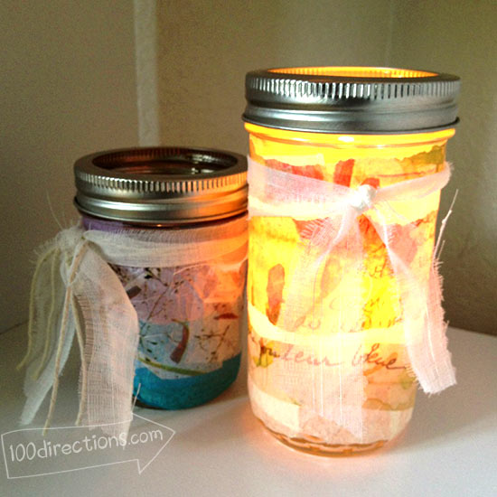 Tissue Paper and Mason Jar Luminaries Lit