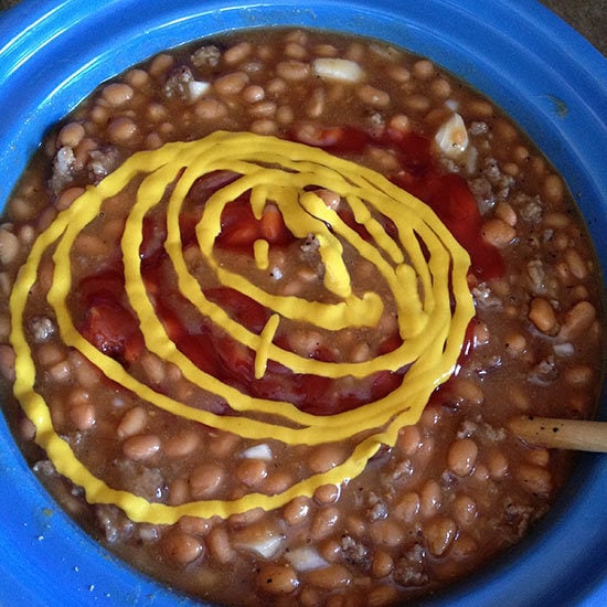 Add katsup and mustard to bean mixture