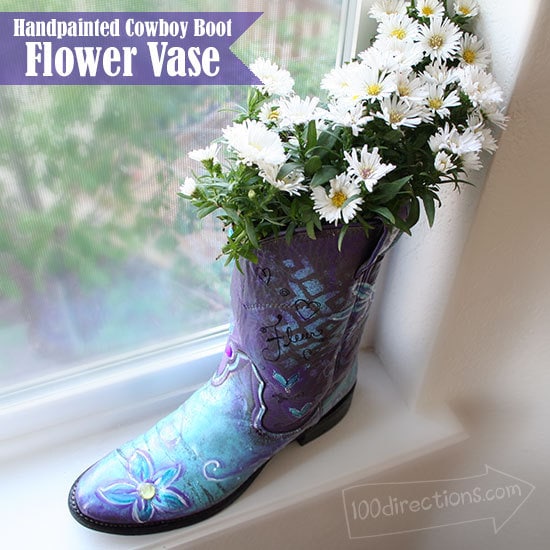 Hand painted cowboy boot flower vase by Jen Goode