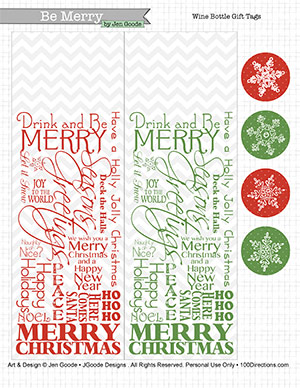 Red and Green (lite ink) Christmas Word Art wine gift tag