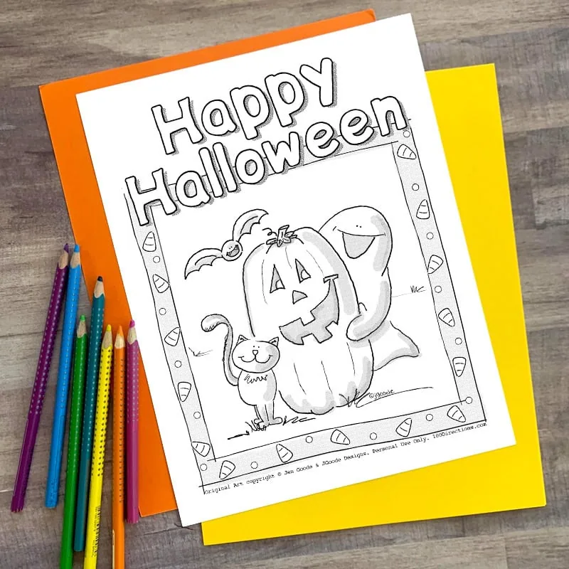 Happy Halloween with pumpkin coloring page by Jen Goode
