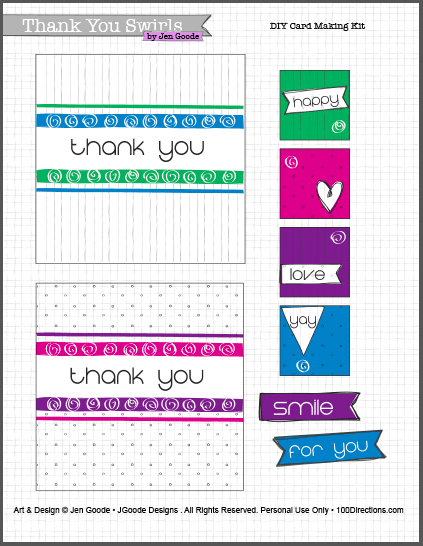 Printable thank you card kit - simple swirls by Jen Goode