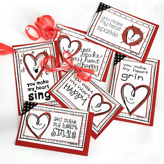 6 printable Happy Heart Valentines designed by Jen Goode