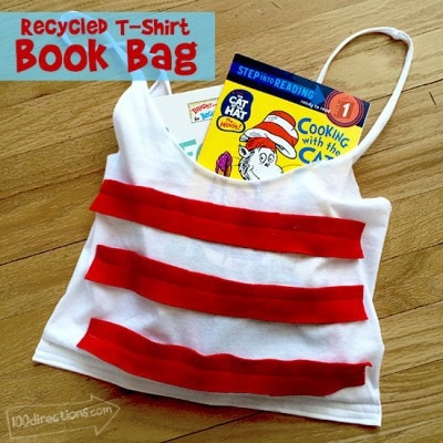 Recycled t-shirt book bag with Dr. Seuss Style