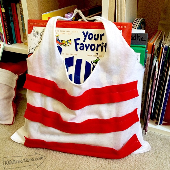 recycled t-shirt book bag filled with Dr. Seuss books