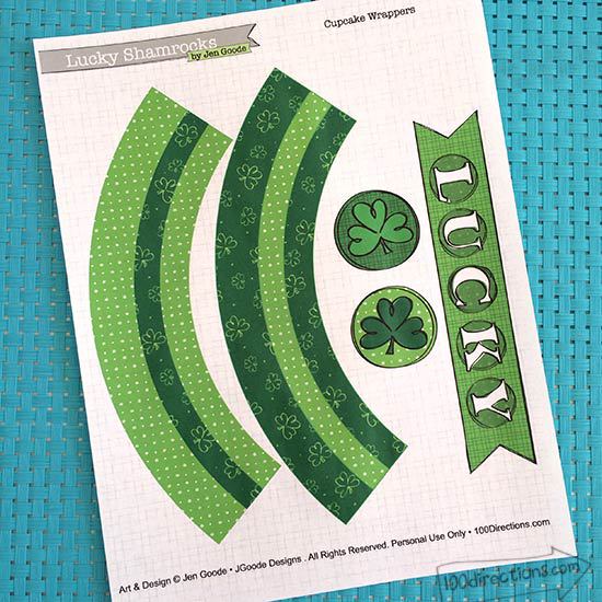 Printable lucky Shamrock cupcake wrapper kit by Jen Goode - St. Patrick's Day printable cupcake wrappers