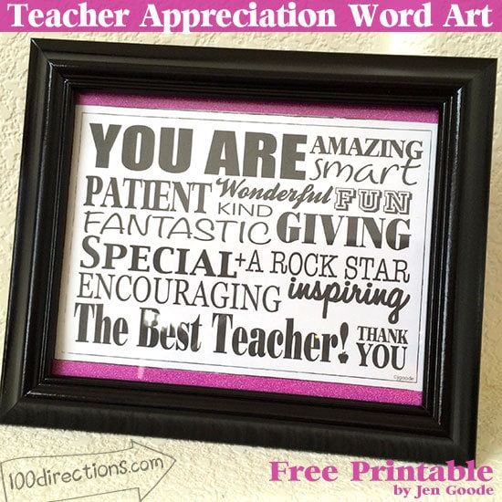 Free printable teacher appreciation word art by Jen Goode