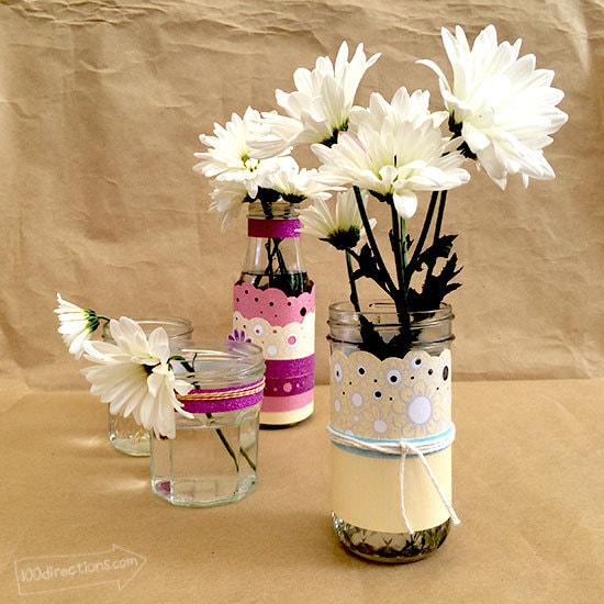 Decorate a glass jar to make a print flower vase