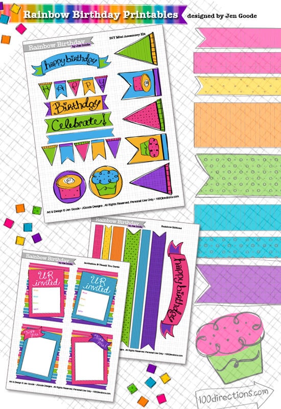 Rainbow Birthday Party Printables designed by Jen Goode