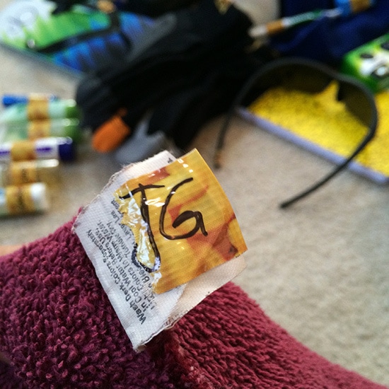 duct tape label on the tag of a washcloth