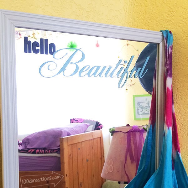 hello Beautiful mirror word art in cut vinyl designed by Jen Goode