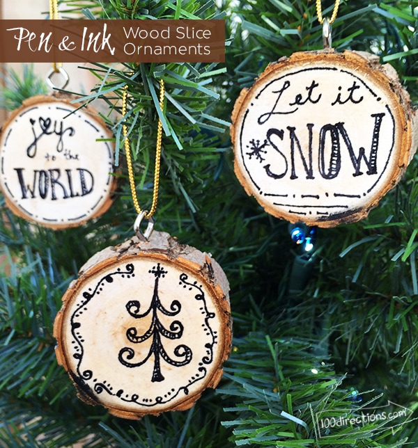 Pen and Ink Wood Slice Ornaments by Jen Goode