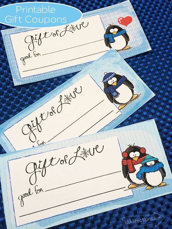 Printable penguin coupons designed by Jen Goode