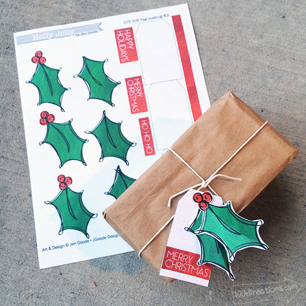 Printable Christmas Holly Gift tag set by Jen Goode