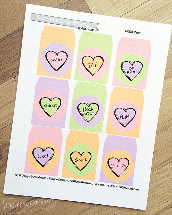 Free Printable Conversation Hearts Valentine Tags designed by Jen Goode