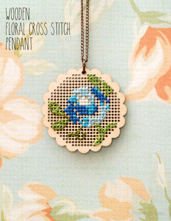 Wooden Floral Cross Stitch Pendant
