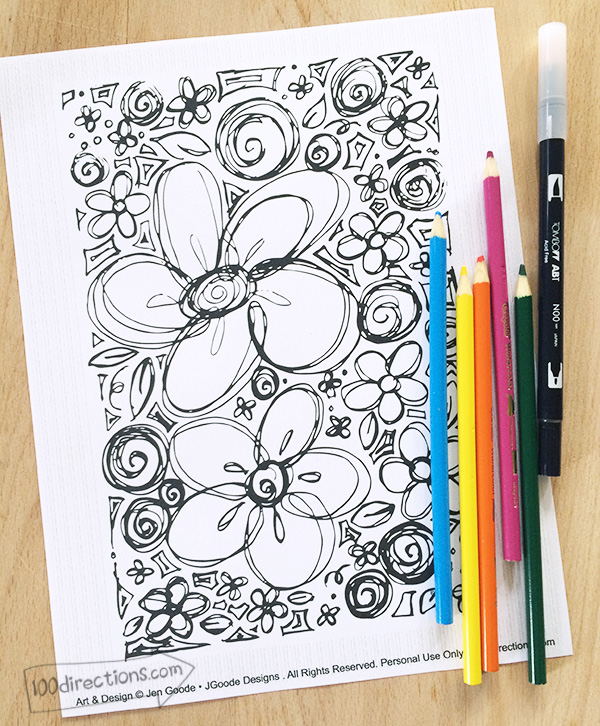 Floral sketch coloring page by Jen Goode