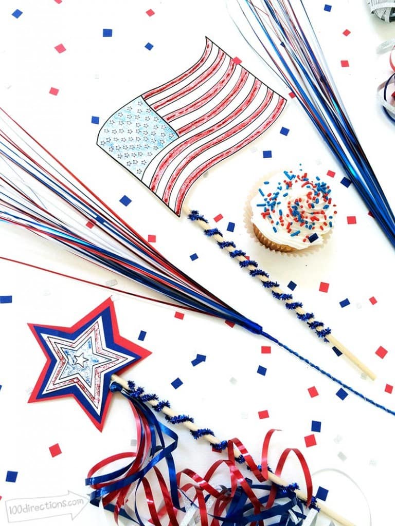 DIY American Flag and paper sparkler wand from a coloring page by Jen Goode