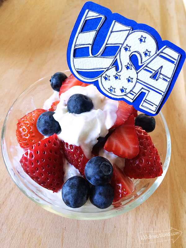 Yummy berries and whipped cream treat with custom USA topper designed by Jen Goode