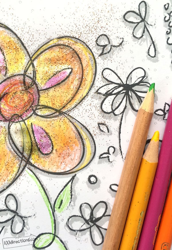 Flower Garden coloring page with glitter by Jen Goode