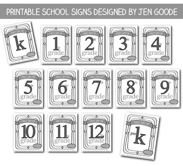 First day of school coloring page signs designed by Jen Goode