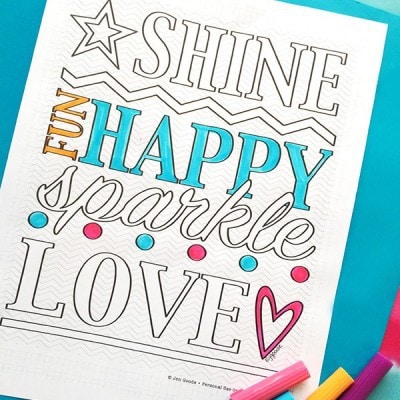 Shine Happy Word Art Coloring Page designed by Jen Goode