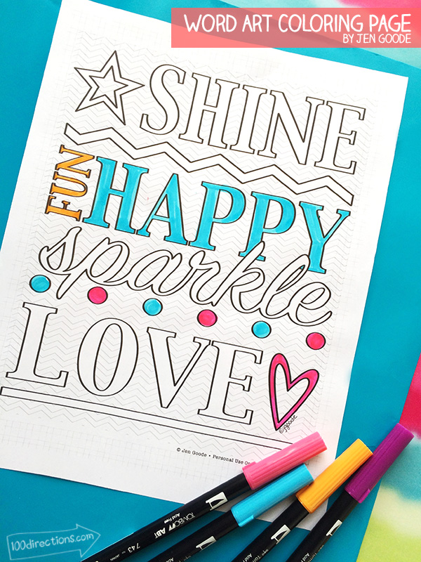 Shine Happy Word Art Coloring Page designed by Jen Goode