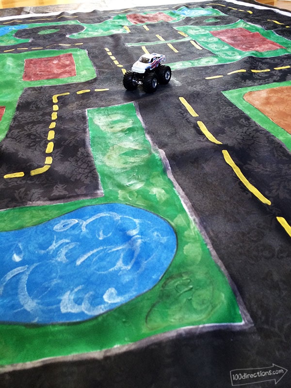 Make your own car play mat from a table cloth