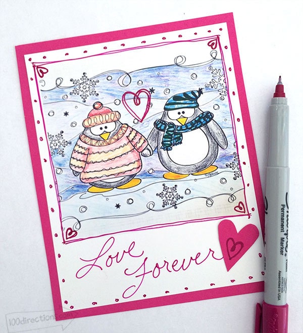 Penguin coloring page Valentine by Jen Goode