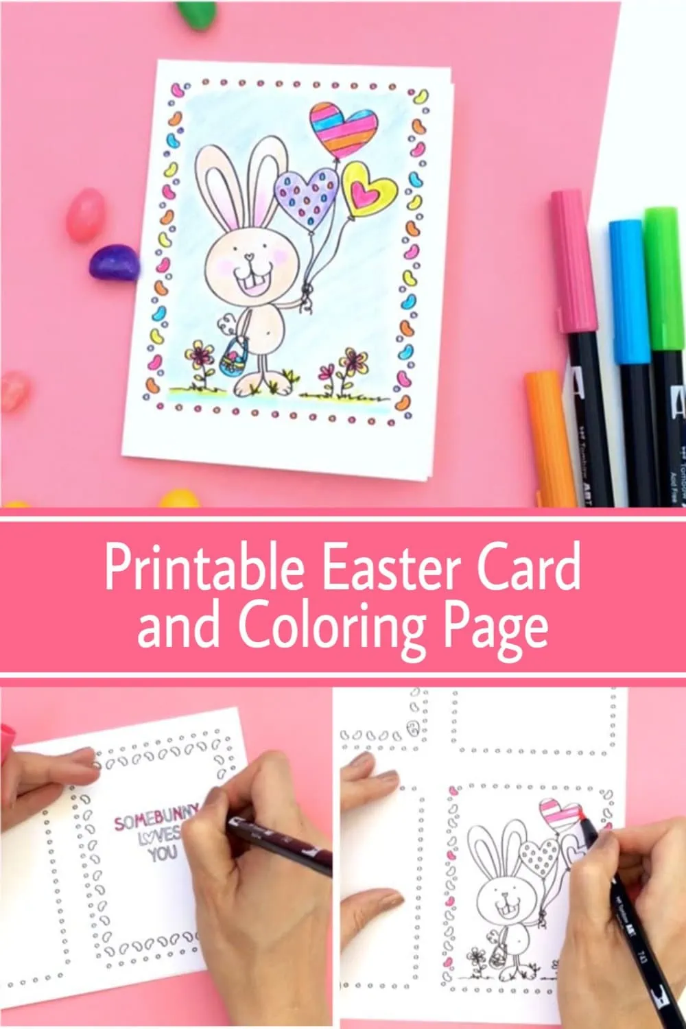 Printable Easter card and cute coloring page featuring a cute Easter bunny with balloons
