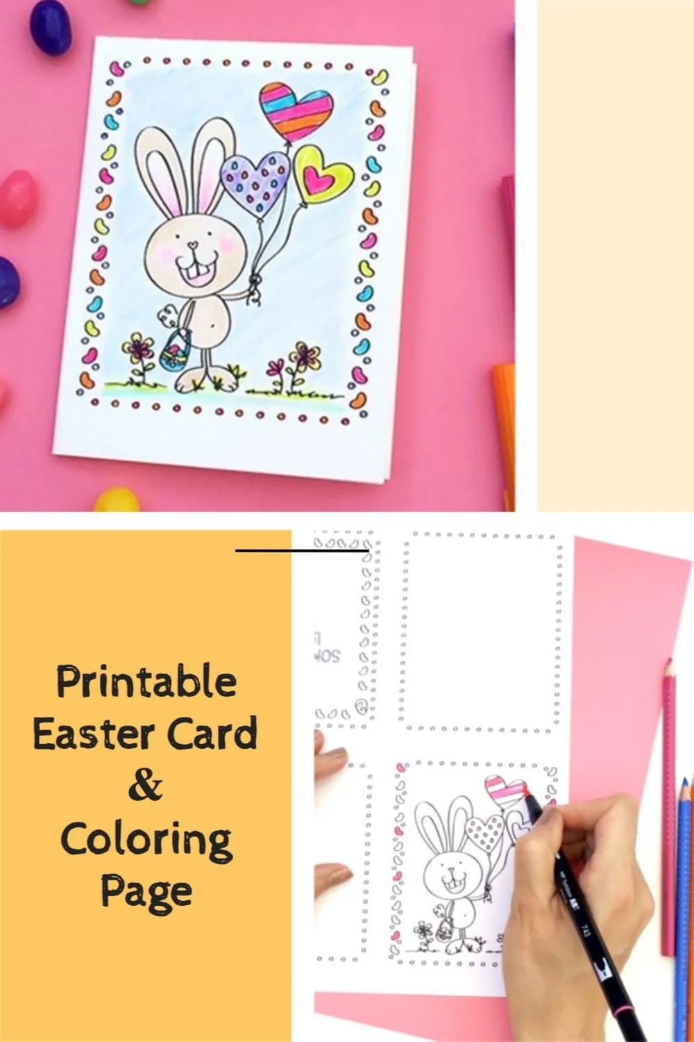 Printable Easter card and coloring page featuring a cute Easter bunny with balloons