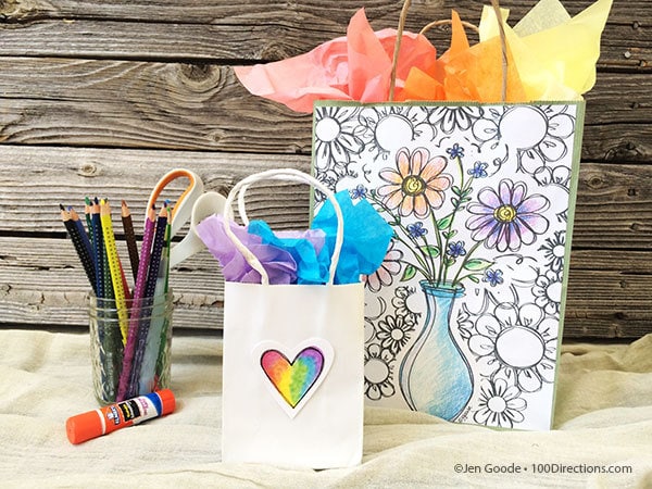 Decorate gift bags with coloring pages