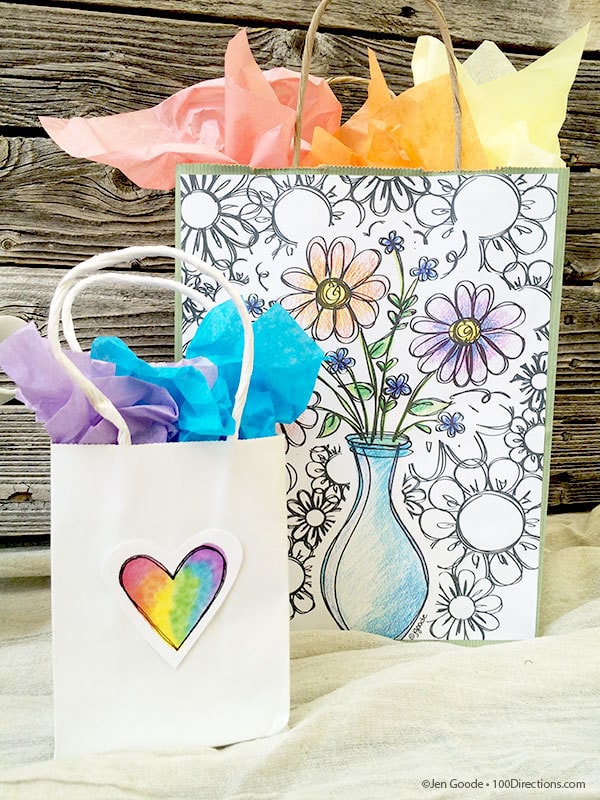 Decorated gift bags with coloring pages