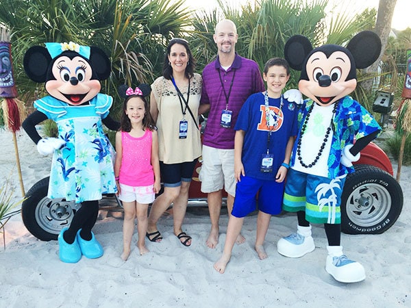 DSMMC Beach Party photo with Mickey and Minnie
