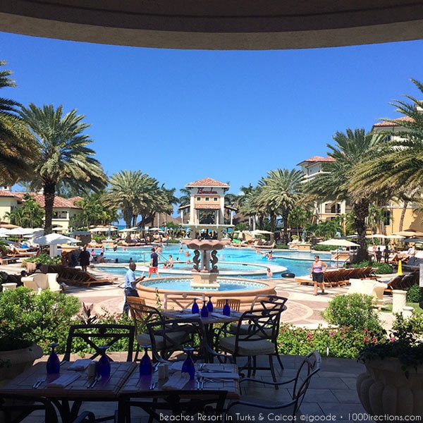 Pool view from a patio dining room at Beaches Resort in Turks & Caicos