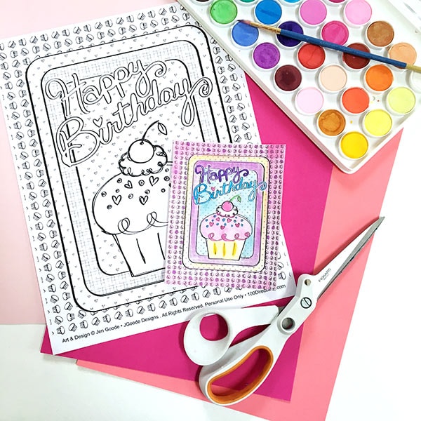 Make a cute birthday card with this coloring page by Jen Goode