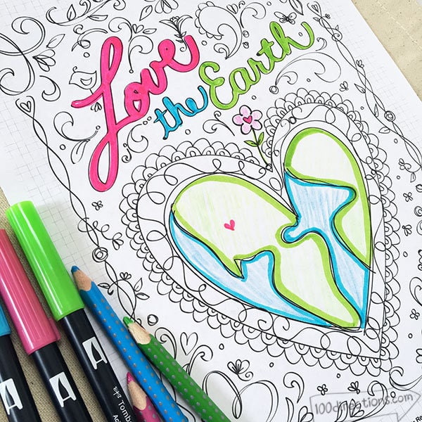 Color your own pretty Earth Day coloring page designed by Jen Goode