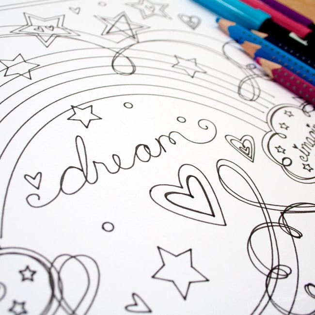 Dream coloring page word art details by Jen Goode