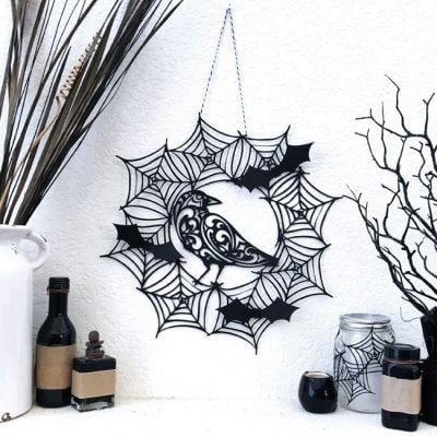 DIY Spiderweb wreath made with Cricut and designed by Jen Goode