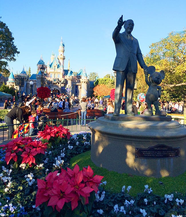Walt Disney and Mickey Mouse Statue at Disneyland at Christmas