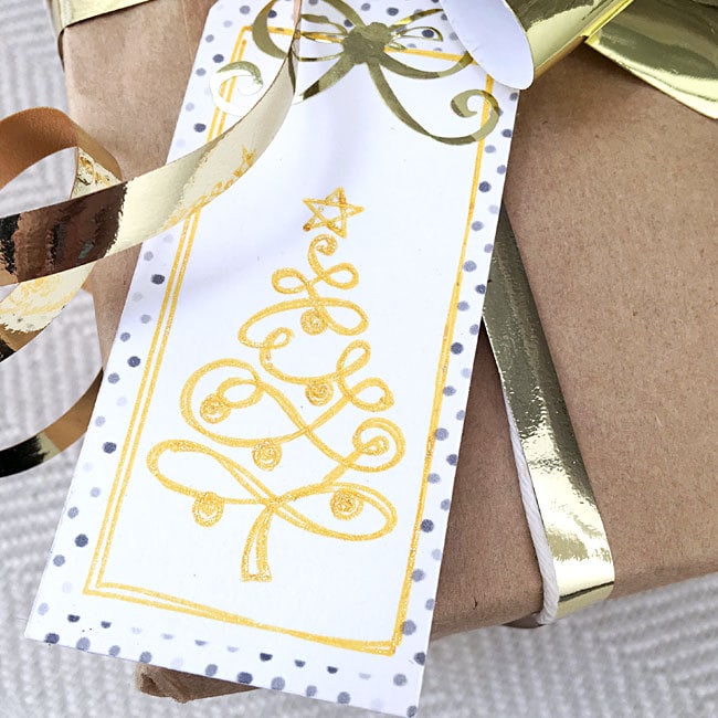 Hand-drawn gold tree gift tag designed by Jen Goode