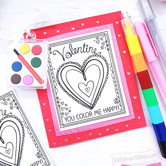 Finished coloring Valentine Card treat with coloring supplies