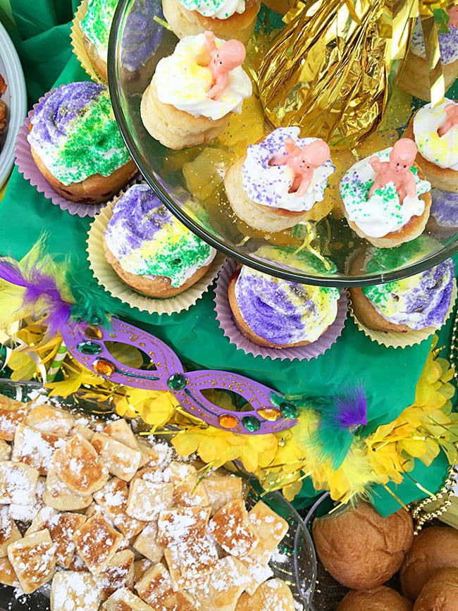 Dessert tower for a Mardi Gras party